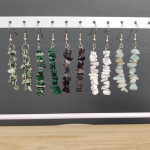 5 pair bundle of stone and glass dangle earrings-green, white and gray